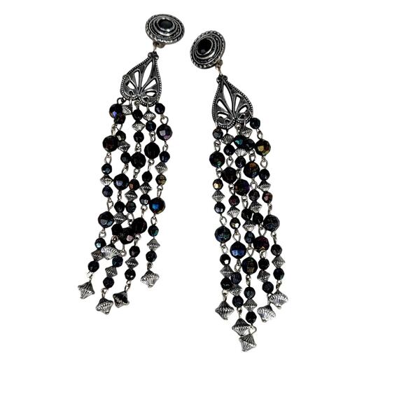 Vtge 70'sShoulder duster earrings 7" Black Aurora  bicone beads Width 7/8" EVC - Picture 1 of 7